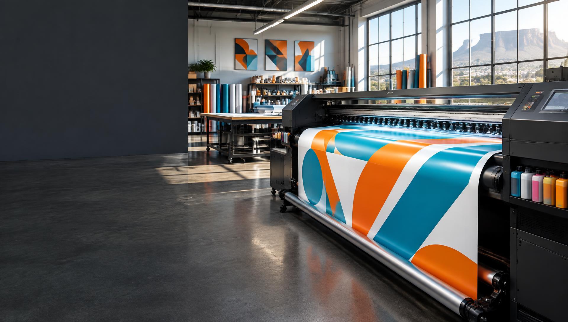 Beautiful illustrative print studio with a large format printer producing orange and blue branding
